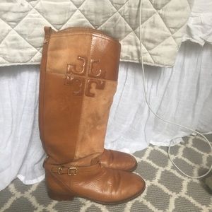 TORY BURCH lightly worn tan suede/leather knee high boots